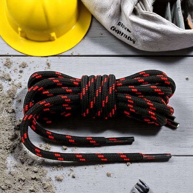 1 Paar runde reissfeste Schnürsenkel (Ø 4.5 mm) Polyester (120 cm) für Arbeits Outdoor Sport Schuhe - schwarz/rot - Schuhbaendel.ch
