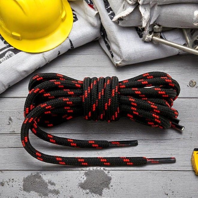 1 Paar runde reissfeste Schnürsenkel (Ø 4.5 mm) Polyester (160 cm) für Arbeits Outdoor Sport Schuhe - schwarz/rot - Schuhbaendel.ch