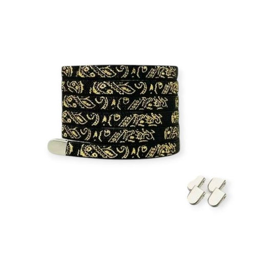 1 Paar flache elastische Schnürsenkel ohne binden (100 cm lang, 8 mm breit) - Bandana Vibes - schwarz/gold - Schuhbaendel.ch
