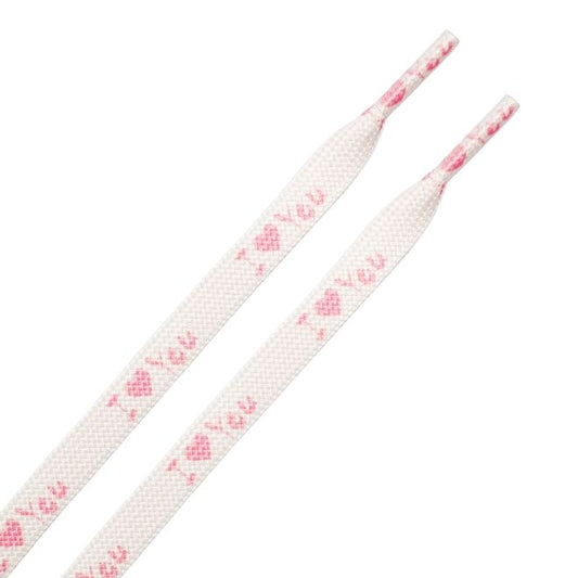 1 Paar flache Schnürsenkel (100 cm lang, 8 mm breit) - HeartBeat Collection - I Love You - weiss/pink - Schuhbaendel.ch