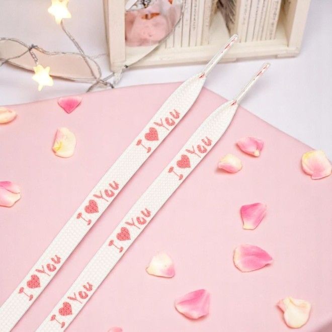 1 Paar flache Schnürsenkel (100 cm lang, 8 mm breit) - HeartBeat Collection - I Love You - weiss/pink - Schuhbaendel.ch