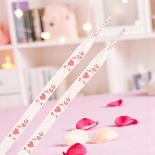 1 Paar flache Schnürsenkel (140 cm lang, 8 mm breit) - HeartBeat Collection - I Love You - weiss/pink - Schuhbaendel.ch