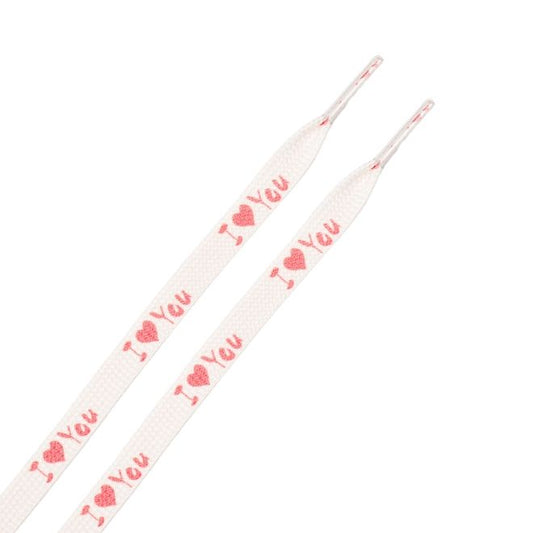 1 Paar flache Schnürsenkel (100 cm lang, 8 mm breit) - HeartBeat Collection - I Love You - weiss/rot - Schuhbaendel.ch