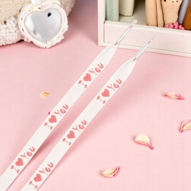 1 Paar flache Schnürsenkel (120 cm lang, 8 mm breit) - HeartBeat Collection - I Love You - weiss/rot - Schuhbaendel.ch
