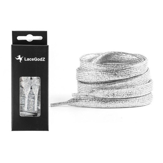 LaceGodZ – 1 Paar flache Schnürsenkel (120 cm lang, 10 mm breit) - StarGlow Series - silber
