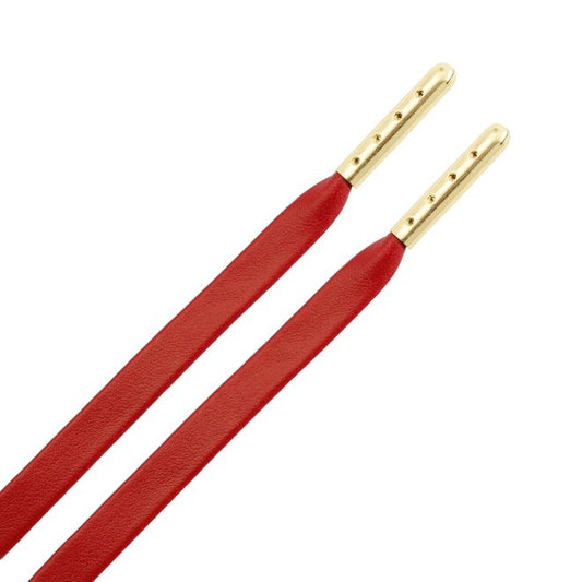 1 Paar flache Kunstleder Schnürsenkel (120 cm lang, 7 mm breit) - LuxeLine Series - rot/gold - Schuhbaendel.ch