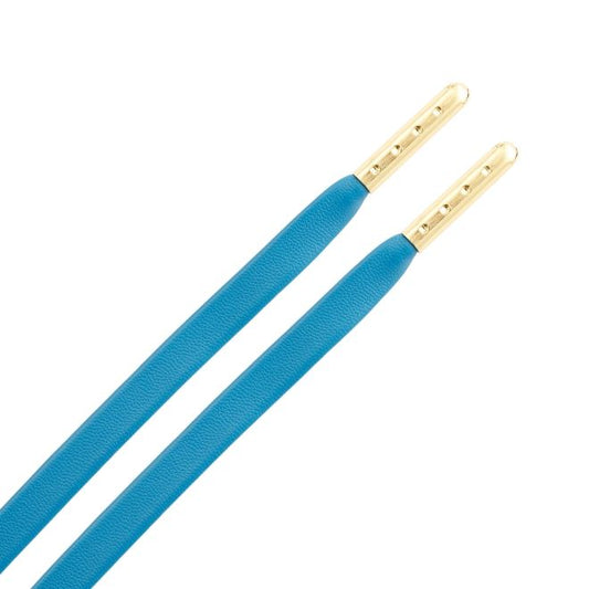 1 Paar flache Kunstleder Schnürsenkel (90 cm lang, 7 mm breit) - LuxeLine Series - cyan/gold - Schuhbaendel.ch