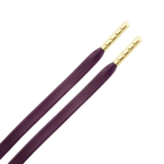 1 Paar flache Kunstleder Schnürsenkel (90 cm lang, 7 mm breit) - LuxeLine Series - violett/gold - Schuhbaendel.ch