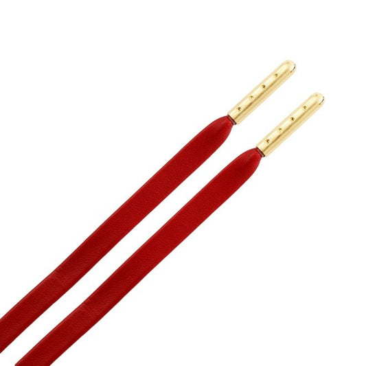 1 Paar flache Kunstleder Schnürsenkel (90 cm lang, 7 mm breit) - LuxeLine Series - weinrot/gold - Schuhbaendel.ch